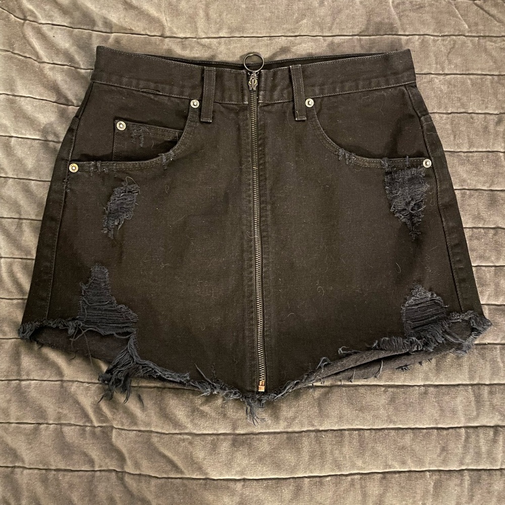 Carmar Denim Distressed Zip-Up Skirt, Size 29